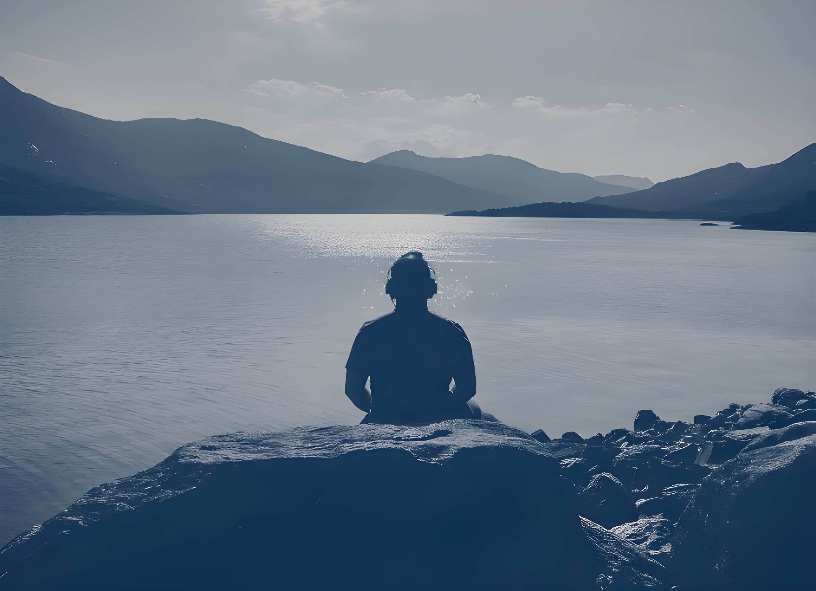 Héctor Muñoz sitting with his back to the camera, facing a lake surrounded by mountains