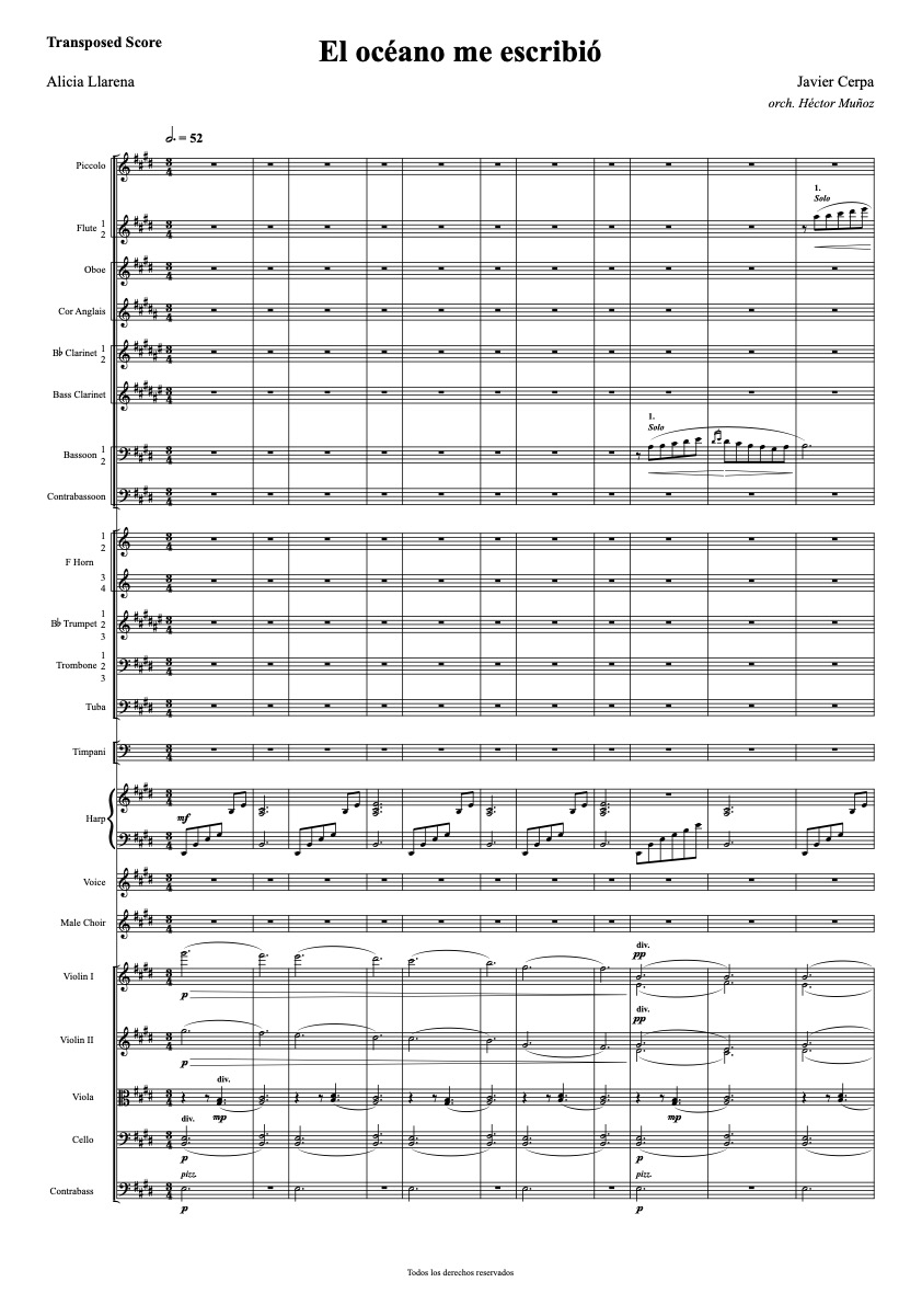 Primera página de la partitura de El océano me escribió, arreglo orquestal de Héctor Muñoz sobre una pieza de Javier Cerpa